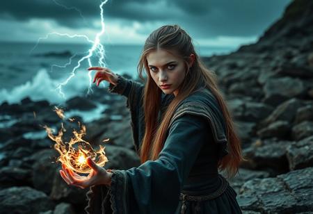 breathtaking masterwork High res digital special effects mixed media  photo, rocky coast,  young Sleek Celtic Female, storm_caller mage, gathering magic in ritual casting, in action summoning thunderstorm, eyes blazing with power, eye of the storm.  shallow depth of field, vignette, highly detailed, high budget, bokeh, cinemascope, moody, epic, gorgeous, film grain, grainy