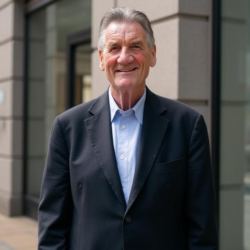 an image of Michael Palin standing outside an office building wearing a suit