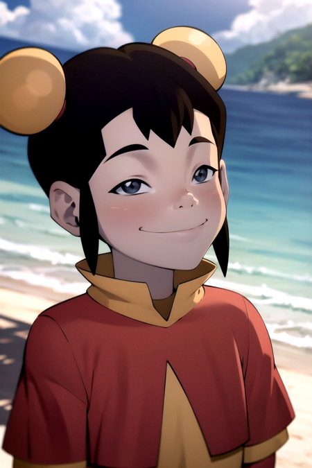 masterpiece, best quality, 1girl, ikki, closeup, hair bun, bun cover, double bun, black hair, looking at viewer, upper body, smug, beach background, sunshine, sky, cloud <lora:Ikki:1>