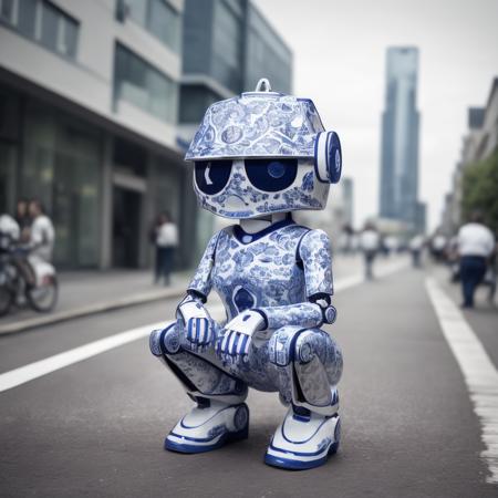 a (bwporcelaincd, porcelain, shiny:1.2) cute robot, (solo:1.2), squatting in street, hand up, <lora:bwporcelaincd-000015:0.9>, no humans, high quality, masterpiece, realistic, photorealistic, long-focus, (outdoors, cityscape)