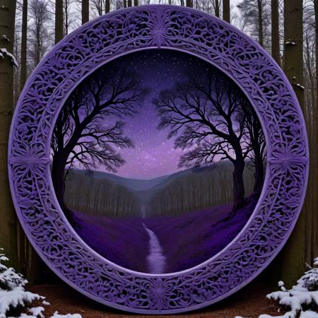 masterpiece, intricate details, landscape of a Foul Lace Violet (San Salvador:1.3) from inside of a Portal, crowded woods with Nature, Winter, Fine art, Satisfying, Art Nouveau, Starlight, F/1.8, Low Contrast, Folded Wood, Mandala, RTX, extremely hyper aesthetic