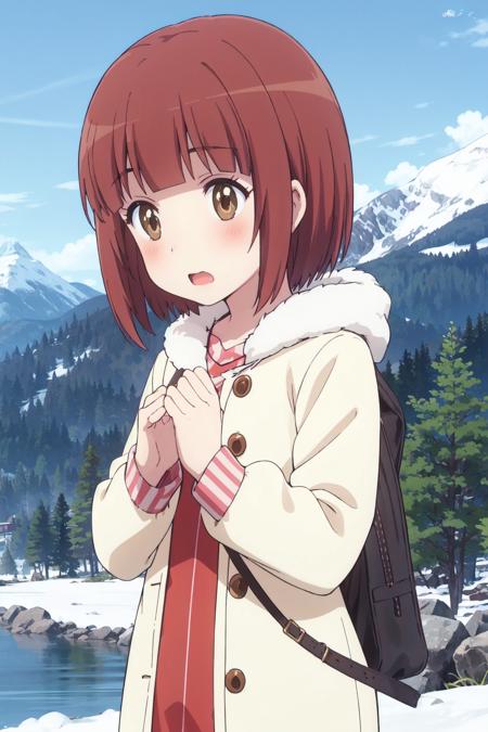 <lora:0 nonakane:1>, nonakane,petite,1girl,solo,in winter,dress,embarrass,blush,shy,nature,mountain,