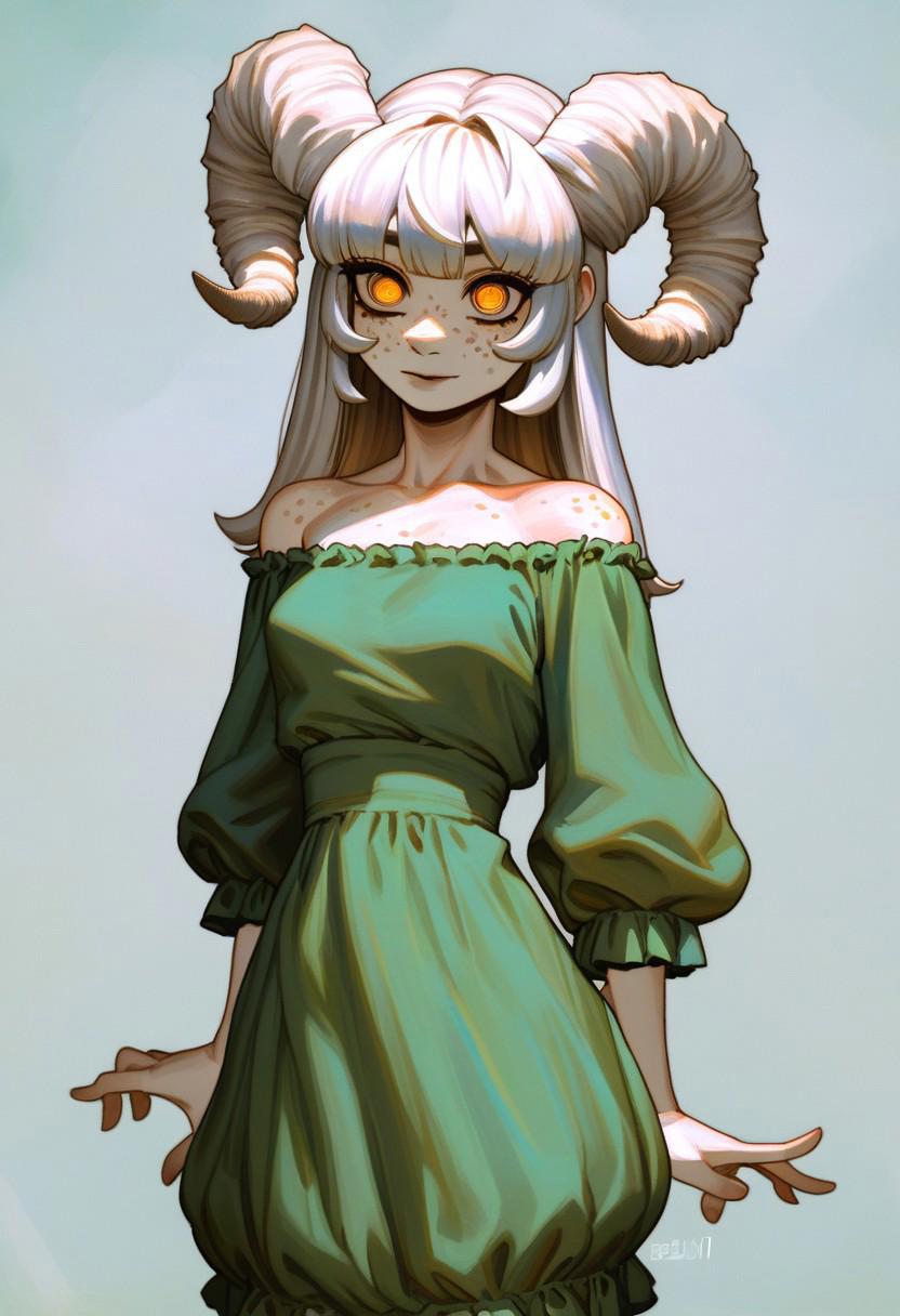 score_9, score_8_up, score_7_up, beautyfull color, aesthetic, BREAK 1girl, solo, twisted ram's horns, freckles, white hair, long bangs, golden eyes, vertical pupils, pale skin, green dress, BREAK medium shot, detailed background