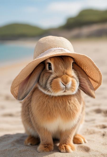 A close-up photo of an adorable brown rabbit sitting on the beachside, wearing a sunhat with soft, fluffy ear flaps. The rabbit looks content and snug, with the summer landscape blurred in the background, creating a charming and warm contrast between the sunny environment and the lovely appearance of the bunny. The hat adds a cute and whimsical touch to the scene, making it perfect for a summer-themed setting.