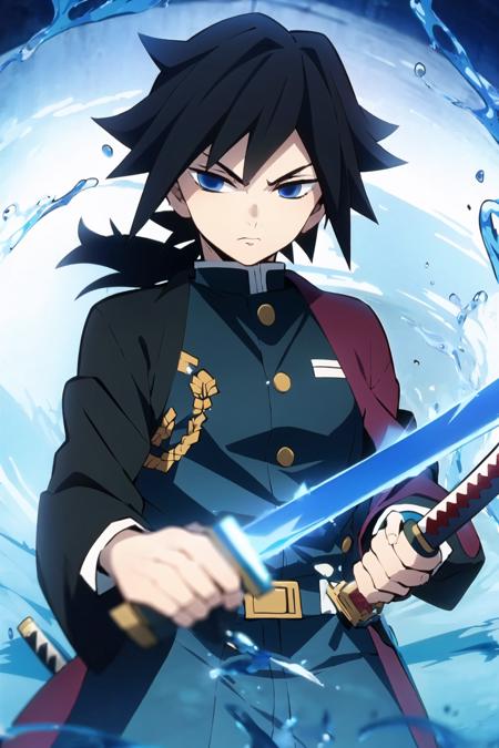 tomioka giyuu, demon slayer, 1boy, solo, upper body, (water, blue aura, flowing water), katana, sword, holding katana, fighting stance, looking at viewer, long hair, blue eyes, black hair, standing, jacket, male focus, japanese clothes, black jacket, demon slayer uniform, <lora:Giyu_Tomioka:0.8>