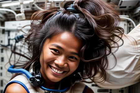 1 cambodian woman smiling inside a (space station:1.1) with her (hair blowing:0.8), (flowing messy hair:1.1), depth of field, hyper realistic, high quality, detailed, (weightless:1.1), detailed hair, touch screens control, sci fi, black hair, perfect eyes
<lora:KH_woman_face:1>, wom4nKH, woman