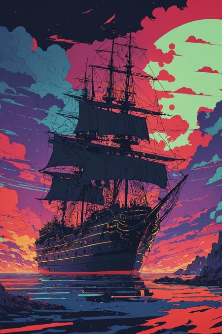 soviet general, detailed pirate ship background, 80s anime style, vhs screen capture, glitch art, flat colors, key visual, vibrant, studio anime, minimalistic