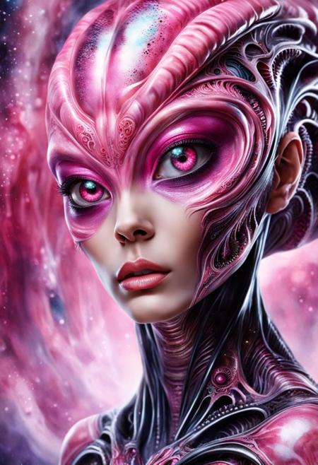 creepy symbiosis of beautiful girl and biomechanic alien worm, detailed face, high details, pink makeup, detailed face, futuristic background, watercolor painting, high contrast, extremely detailed, high quality, highly detailed, alienzkin