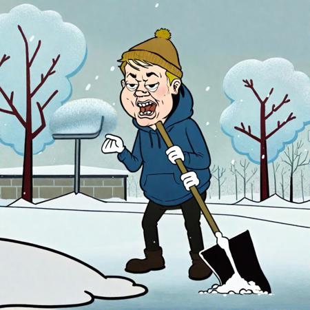 meatcanyon style, cel-shaded caricature of a guy angrily shoveling snow in Chicago