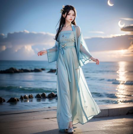 1 girl, modern hanfu, long hair, straight hair, walking on the beach, sea, ocean, cloud, night, moon, short dress, dark theme
<lora:Modern_Hanfu-08:0.6>