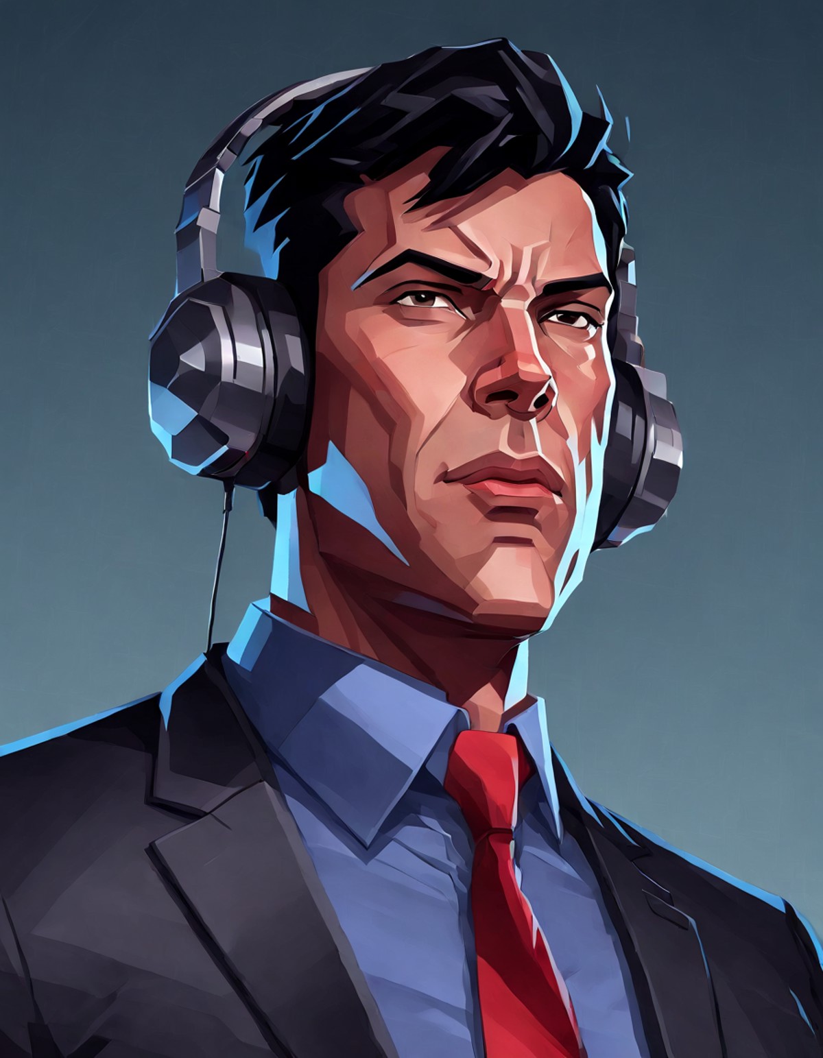 a closeup picture of a man, solo, with headphones and short black hair, wearing black suit and blue shirt and red tie
