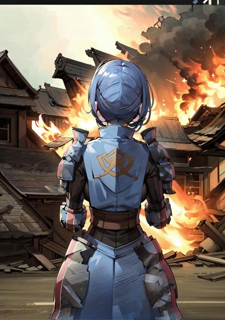 (masterpiece), best quality, 1 girl,solo, looking at viewer, ruins,  large breasts, upper body, war, explosion, gallia_uniform, <lora:gallia_uniform_80:0.9>,  from behind,