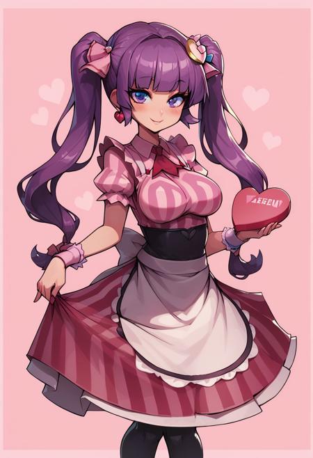 score_9, score_8_up, score_8, medium breasts, (curvy), cute, eyelashes, 
patchouli knowledge, 1girl, solo, purple hair, purple eyes, long hair, 
solo, smile, looking at viewer, apron, blush, box, creatures (company), dress, earrings, flower, game freak, hair flower, hair ornament, hair ribbon, heart-shaped box, highres, holding, jewelry,  pantyhose, pink ribbon, ribbon, simple background, pink background, twintails, valentine, waist apron, wrist cuffs,pink border, hearts background,