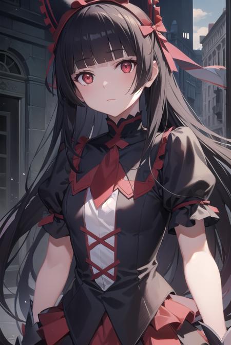 rorymercury, <lora:rorymercurytest-clean:1>, rory mercury, black hair, blunt bangs, hime cut, hair ornament, lipstick, long hair, makeup, (small chest:1.2), (red eyes:1.5),
BREAK black gloves, black thighhighs, garter straps, gloves, gothic, hair bow, gothic fashion, puffy short sleeves, puffy sleeves, short sleeves, thighhighs,
BREAK outdoors, city,
BREAK looking at viewer,
BREAK <lora:GoodHands-vanilla:1>, (masterpiece:1.2), best quality, high resolution, unity 8k wallpaper, (illustration:0.8), (beautiful detailed eyes:1.6), extremely detailed face, perfect lighting, extremely detailed CG, (perfect hands, perfect anatomy),