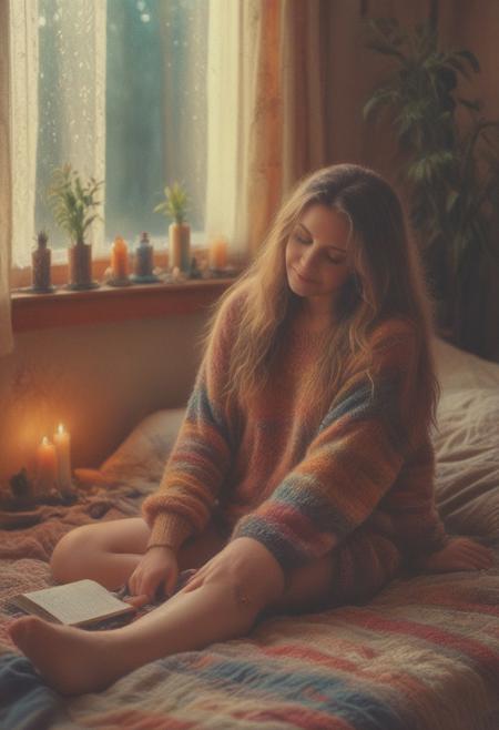 novuschroma10 style, colored pencil, clrs, 1girl, adult, 25 years old, year 1960, beautiful, serene, subtle smile, relaxed, long flowing hair, hair accessories, loose dreads, hippie attire, long loose fitting rainbow wool sweater, baggy, sweater comes down to thighs, no pants, upper thigh exposed, (lying face down, flat on her stomach), laid prone on a messy bed, (prone), chest down, reading, legs crossed, propped up on her elbows, Over the shoulder view looking down her back. reading a book, looking away from viewer, close up view, decorative bedroom, detailed bedroom, bulky bedding, vibrantly colored background, 1cat, curtains, rugs, small bottles, candles, spells, herbs, plants, crystals, chims, musical instruments, posters, tapestry, hippy, partial nudity, Evening sunlight through window, whimsical, uplifting, tranquil, peaceful, moody glow, LUT, vintage, bright, finishing LUT, detailxl, martius_fuzz