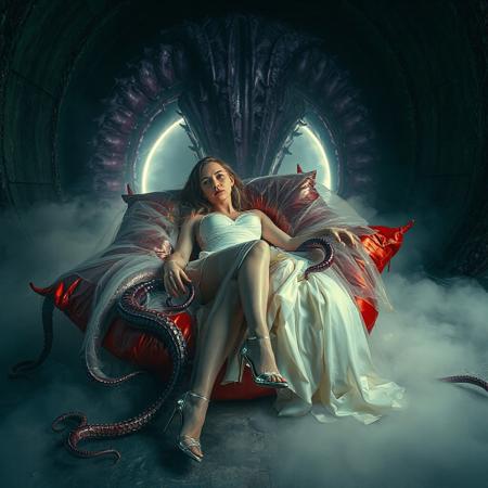 young  russian bride in ivory honeymoon lingerie  and  glossy high heels, entangled in long tentacles, laying  reclined in weird red foil pillows, covered with giant ultrathin transparent slime veils,   giant portal to outer space, fog from the floor, giant purple alien carnivorous flower with glossy spiked petals at background, weird alien hive slime walls and fleshy floor, horror, reminiscent of H.R. Giger, Zdzisław Beksinski, and Ash Thorp's dark, sleek styles, with close-up glamour photography, glossy satin and silver heels glistening, fleshy slime dripping, and dark shadows.