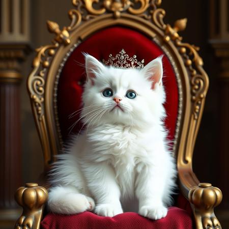 A kitten, 
  white, fluffy, kawaii,
  sitting on a human-sized throne, wearing a crown
