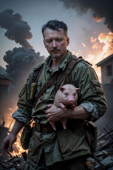 ((masterpiece, best quality, high quality, highres, ultra-detailed)), strelkov, man, camouflage jacket, (holding piggy on his hands:1.1), outdoors, ruins, fire, smoke, explosion, 
<lora:Strelkov:1>, (cinematic look:1.4), soothing tones, insane details, intricate details, hyperdetailed, low contrast, soft cinematic light, dim colors, exposure blend, hdr, faded, slate gray atmosphere