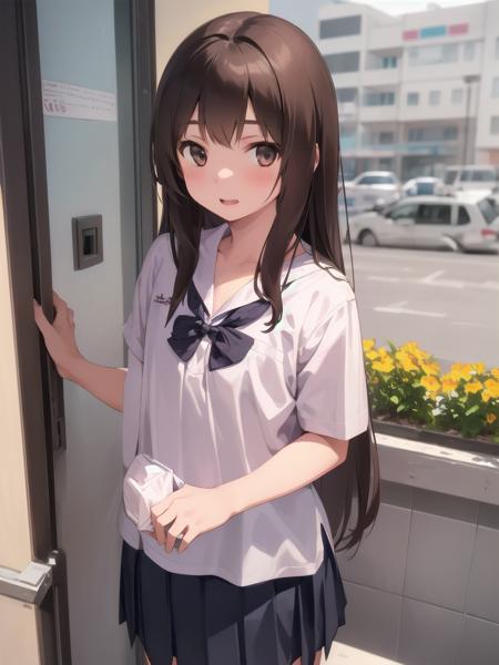 1girl, solo,
long hair, brown hair,
flat chest,
thai junior high school girl uniform,