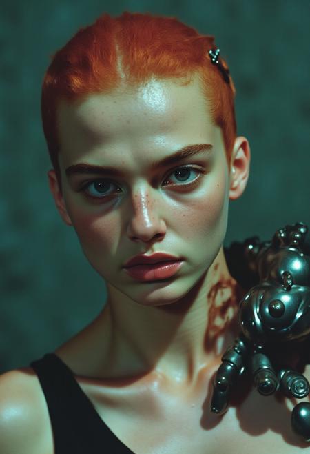 ArsMovieStill, film-grain, movie still from a 1990s indie movie, Close-up portrait of a melancholic cyborg, porcelain skin with freckles, metallic orange-red slicked-back hair, dark dramatic eye makeup, tears streaming down face, chain adornments on forehead and ear, cybernetic tentacle-like neck and shoulder implants, segmented with circular joints, soft lighting, dark greenish-gray background, cyberpunk, biomechanical, vulnerable, futuristic, gritty, neon-lit slight overexposure