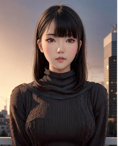 pureerosface_v1, best quality, photorealistic, 8k, high res, full color, 1girl, woman, 20 years old woman, (closed mouth:1.35), (skindentation), (portrait:0.6),  ((cityscape background:1.52)), full color, ((highnecksweater:1.68)), straight-looking at viewer:1.8, (1girl eyes looking at viewer:1.55), (medium-length hair, blackhair, partedbangs:1.45), (bokeh), <lora:CBAV-MOII:0.65>