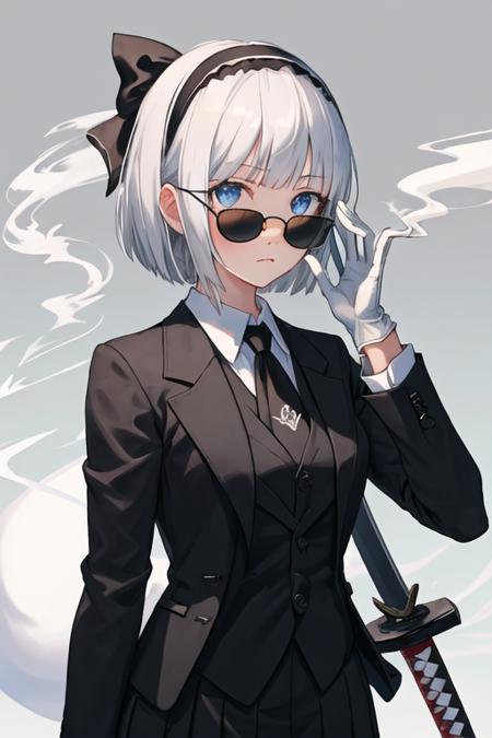 best quality, masterpiece, highres, solo, {black business suit:1.40}, {tie:1.20}, {sunglasses:1.25}, {white gloves:1.15}, {white shirt:1.10}, {black skirt:1.15}, {smoking:1.20}, handsome, {konpaku_youmu_touhou:1.15}, short_hair, ribbon, hairband, black_hairband, hair_ribbon, black_ribbon, bangs, white_hair, vest, blue_eyes, green_vest, sword, katana, hitodama, bow, blush, upper_body, black_bow, grey_hair