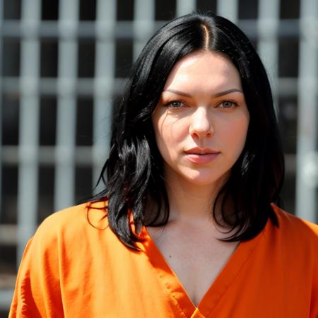 RAW photo, a photo of laura prepon black hair wearing ((orange)) prison jumper, long haircut, pale skin, slim body, background is prison yard, (high detailed skin:1.2), 8k uhd, dslr, soft lighting, high quality, film grain, Fujifilm XT3 <lora:laura prepon v1.0:0.8>