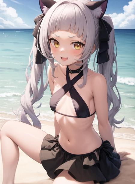 1girl,masterclass,best quality, beach, smile,twintails, animal_ear_fluff, cat ears,cat_girl, bikini, bikini_skirt, black_bikini,criss-cross halter, swimsuit, ShionSwimsuit,  <lora:ShionV2D8_e6:1>