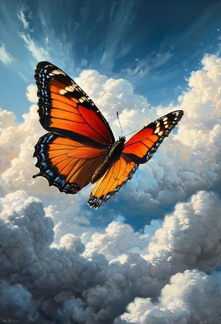 (a butterfly flying in the clouds) (ingenious opus magnum by Michael Vincent Manalo and Elvira Vigna:1.2), (pastel oil painting:0.1), high key with glistening light, cosmic anddireful and dramatic atmosphere, (zestful quinacridone nickel azo gold and electricblue color swatch:0.1), raw details, crisp details, bokeh lights, <lora:xl_more_art-full_v1:0.6> ,analog photo, full body,, tall height, against the rise in the background, , , epic clouds, (oil on canvas:0.2), , art by Jeremy Mann, god rays, dramatic light,    ,  (art by Eduard Wilhelm Pose and Master of the Holy Blood and Ivan Bilibin:1.1), (oxygen-rich air and sheltered atmosphere,, aesthetic of hard - edge painting:0.1), symmetry and balance, pioneering unparalleled masterwork with superior details, <lora:MJ52:0.90> <lora:xl_more_art-full_v1:0.4> <lora:RMSDXL_Creative:1>,(skin texture),masterpiece, top quality, best quality, official art,highest detailed,,atmospheric lighting, cinematic composition,complex multiple subjects, 4k HDRvaporwave style , , cyberpunk, vibrant, neon colors, , highly detailed,,,Leica Q2 with Summilux 35mm f/1.2 ASPH, ,clear face, Ultra High Resolution, wallpaper, 8K,Rich texture details, hyper detailed, detailed eyes, detailed background, dramatic angle,
