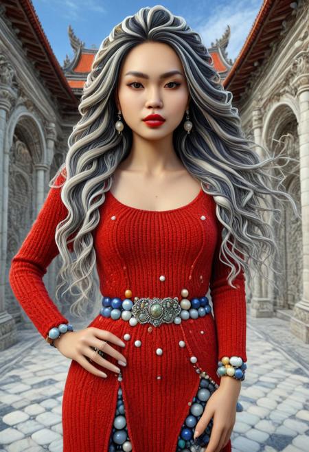 Cambodian woman, asian features, long hair, small waist, An extreme photorealistic upper body shot, She has long voluminous flowing two-tone hair, hair with striking unrealistic beauty. red lips, the skin has tiny imperfections like pores, faint freckles, and slight skin texture variations to add realism. Realistic lip texture with soft lines, slight gloss, and natural color variation. Realistically detailed tear ducts, slightly moist, enhancing the natural appearance of the eyes. Faint, barely visible veins under the eyes, adding depth and authenticity to the skin. Individually rendered eyebrow hairs with natural variation in direction, length, and thickness. Variation in hair strand thickness, with some thinner and finer than others, Gothic castlemade of marbles, lively, luminescent, fully dressed, (long red sweaterdress made of marbles:1.8), (white belt), (castle:1.4), (outdoors:2), CZC, FULL BODY, CLOTHED, hands behind the head, her agile pose proves her ability to be athletic, dynamic pose, semi side view.