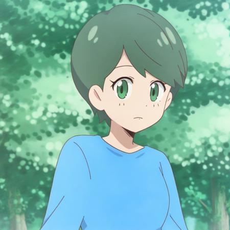 1girl, solo,short hair, green hair, blue dress, long sleeves, green eyes, 