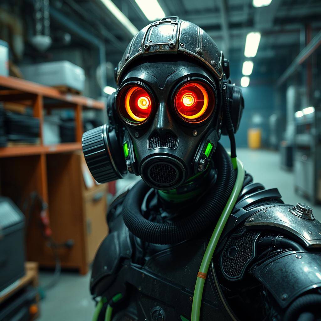 cinematic film still of a cypermutant with a gas mask with glowing red eyes and bionic armor and glowing green tubes taking a selfie in a factory