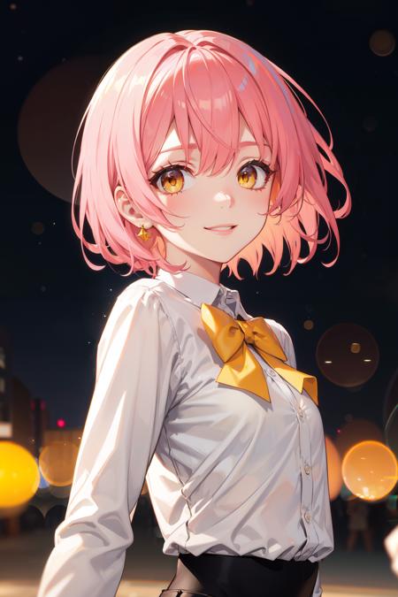 masterpiece, best quality, short hair, pink hair, close-up, yellow eyes, smile, small breasts, bowtie, white shirt, night, bokeh, outdoors,