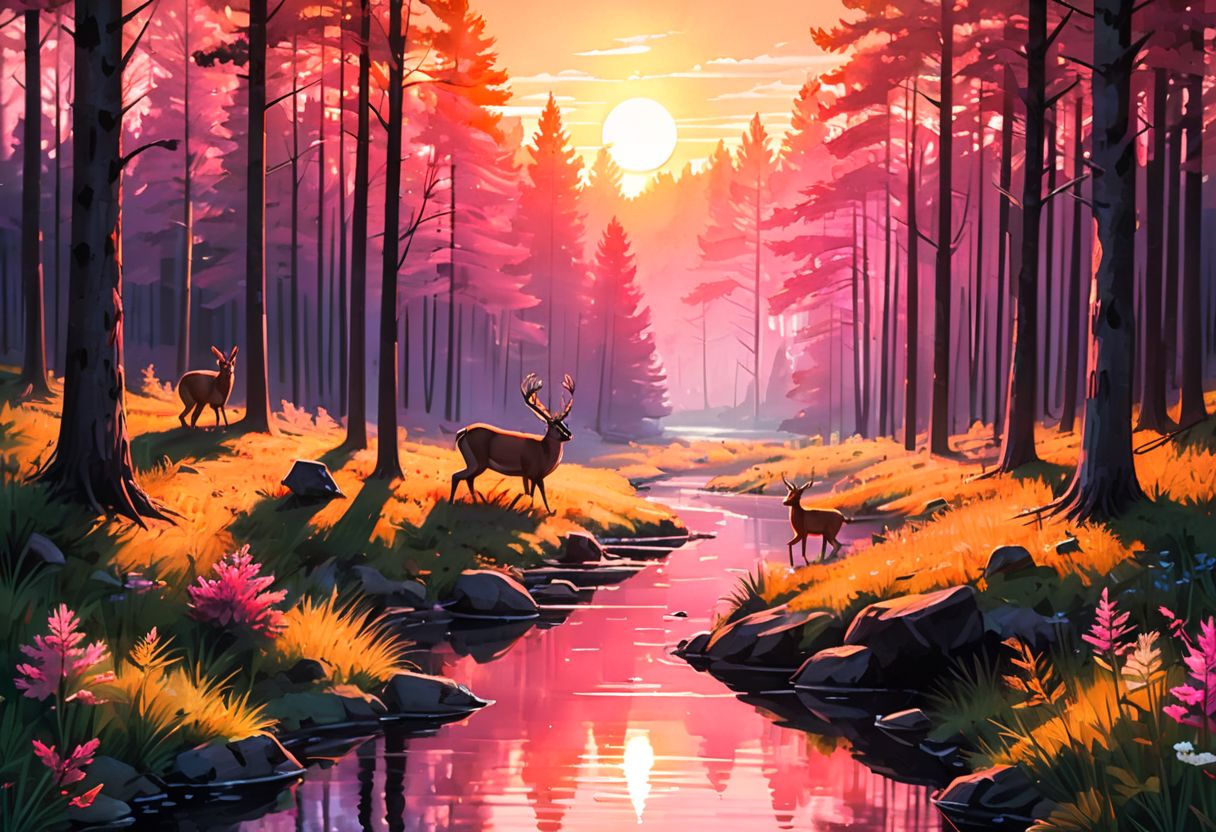 Create an image of a serene forest scene. The sun is setting behind the trees, casting long shadows over the forest floor. A clear stream runs through the center of the image, reflecting the vibrant orange and pink hues of the sunset. There are various animals present, such as deer, rabbits, squirrels, and birds, all going about their evening routines. The air is filled with the sweet scent of pine needles and wildflowers." OverallDetailXL
