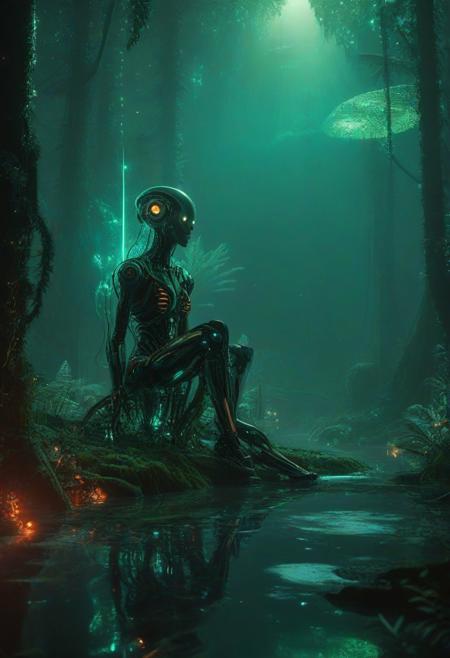 Ultrarealistic. sharp focus, dynamic lighting. play of light, reflection, refraction, Raytracing, Ultra detailed. Alien themed. Alien scenery. alien scenery background. alienworld. A gorgeous female robot in an alien forest. surrounded by ice.enchanting, cosmic, celestial, ethereal, vibrant flora, magical, luminous, serene, dreamy, radiant, bioluminescent, intricate details, surreal, enchanted forest