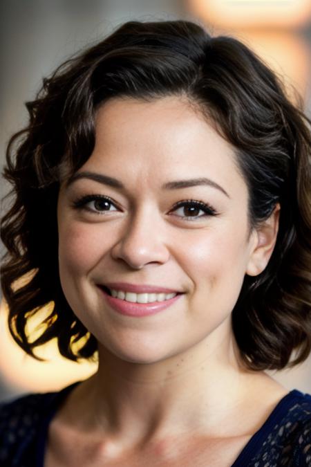 photo of TatianaMaslany2, looking at the camera, simple background, , detailed face, smile, intricate, soft lighting, masterpiece, beautiful,