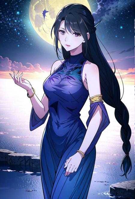 1girl dancing, official art, a character portrait, neck jewelly, contrast, no collar, hair covering face, very long hair, pibo,yan ruyu, solo, braid hair, head_fins, (purple clothes:1.4)
 jewelly, , manhua style. cloud, moon, night
 <lora:Yan_Ruyu:0.6>