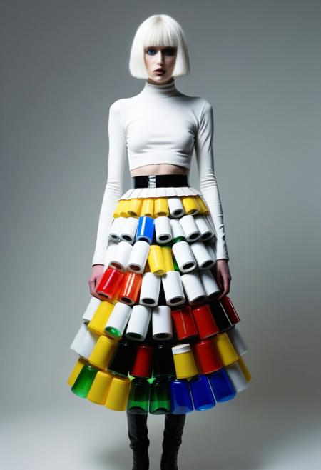 The image is a photograph of a person standing in a dimly lit, cluttered, and chaotic environment filled with discarded plastic bottles and debris. The subject is a person with a slender build, dressed in an elaborate, avant-garde outfit made entirely from plastic bottles. The outfit features a vibrant, layered design with various colors including red, blue, green, and yellow, arranged in a structured, almost armor-like pattern.
The image is a high-fashion photograph featuring a model standing against a plain, light gray background. The model is dressed in an avant-garde, avant-garde outfit that combines a white, long-sleeved top with a unique, circular, white structure attached to the torso. This structure is made up of multiple, large, circular panels that form a tiered, tiered skirt.
The image is a high-fashion photograph featuring a person standing against a solid, bright yellow background. The subject is a person with a slender build and a pale complexion, wearing an avant-garde, high-fashion outfit. They have a striking, platinum blonde bob haircut with a straight, blunt cut. The outfit is a bold, monochromatic ensemble with a striking contrast between black and white.