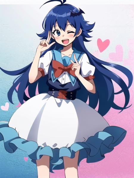 1girl, solo, dark blue hair, irumi, bow, cowboy_shot, dress, heart, heart hands, looking at viewer, one eye closed, open mouth, smile, very long hair, <lora:Irumi_Chan-08:1>,