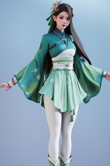 1girl,black hair,long hair,Green hanfu top,print top,Light green short skirt,((print skirt)),white leggings,print leggings,hair ornament,necklace,