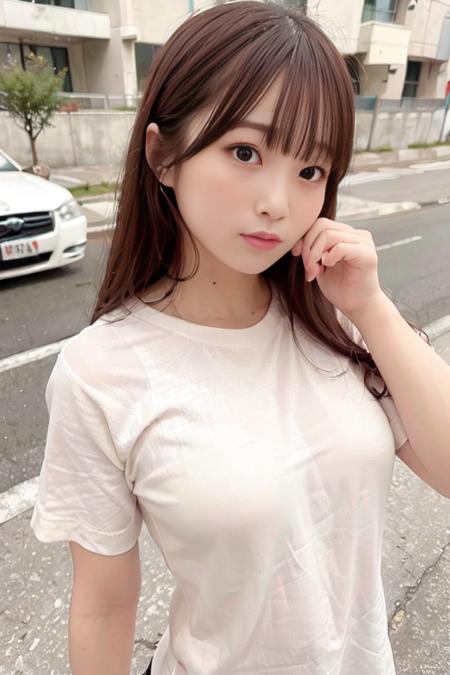 1girl, headphone, solo, brown hair, watch, shirt, outdoors, wristwatch, headset, long hair, holding headphone, holding, car, cream shirt, bangs, short sleeves, ground vehicle, smartphone, day, cloud, upper body, looking to the side, english text, bracelet, motor vehicle, sky, talking on phone, realistic, lips, looking away, jewelry, blunt bangs, closed mouth, brown eyes, t-shirt, miyu kishi,  <lora:Miyu-obentoai-v2:0.69>, (photorealistic:1.3), smile