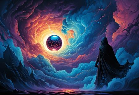 a painting of clouds in the dark with light coming from the top. A vibrant, abstract illustration featuring swirling, oversized blue smoke-like-clouds against a gradient background of blue hues. The clouds appear layered and textured, with subtle highlights and shadows that create depth. The composition conveys a sense of a dark prophetic future merging with a scary, evil sky. In de bottom right is one tiny dark evil necromancer person with cape and holding a glass ball in the far distance. vector design, colorful, posterized color illustration in the style of dan mumford, vintage, retro, psychedelic, intricate fantasy painting, blue tints, soft light 4 k, dan mumford artwork