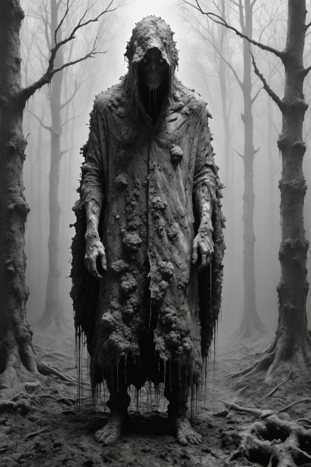 A Zombie Wandering Through a Forest with Dripping Blood and Dirt Covered Clothes