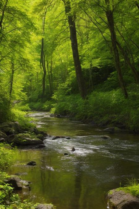 A serene river winding through a lush spring forest, 
the water reflecting the vibrant green leaves and soft sunlight filtering through the canopy. No humans, 
just nature.
