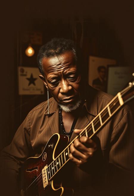 A high-resolution stock photo of Robert Johnson in a gritty Alabama bar, showcasing a charismatic lone lady with a sad ending. The image uses a muted color palette of browns and beiges, a deconstructed portrait style with layered textures, and a dynamic composition.