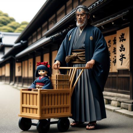 kimono wooden cart pushcart box haori geta mustache sash ground vehicle