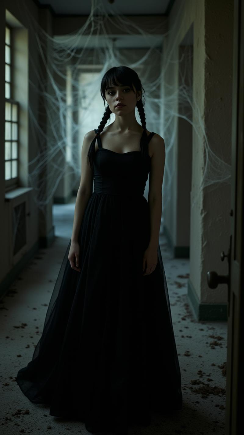 a photograph of a 18 year old j3nnaort3ga wearing goth makeup and a simple victorian black dress, black twin braids hairstyle, pale skin, looking at viewer, inside of gloomy and dusty victorian mansion full of spiderwebs, irl, real life, hyper realistic, hyper detailed, cinematic light, full body shot