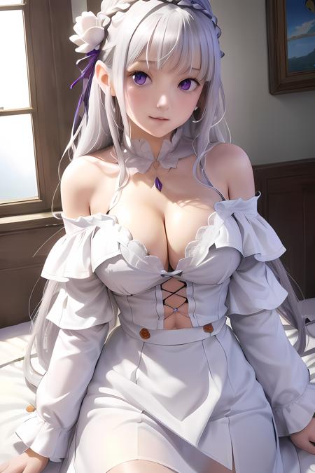 emilia from rezero, 
best quality, highly detailed, masterpiece, ultra detailed, 1girl, delicate eyes, emilia \(re:zero\), silver hair, purple eyes, hair ornament, off shoulder shirt, long hair, crown braid, straight hair, long hair, sitting:, sitting on a bed in a room, white dress, looking at viewer, wide hips, large breasts, 4k, high quality, (masterpiece, best quality, high quality, highres, ultra-detailed), white shirt, (shirt:1.5), unbuttoned, unbuttoned shirt, cute face, (anime), anime style, (navel), belly button,
 <lora:Emilia:0.8>