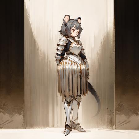 (1girl:1.5), solo, ratkin, ratkin_ears, ratkin_tail, ratkin_hairstyle, black hair, standing, mature, armored, <lora:ratkin_v1.1:1>