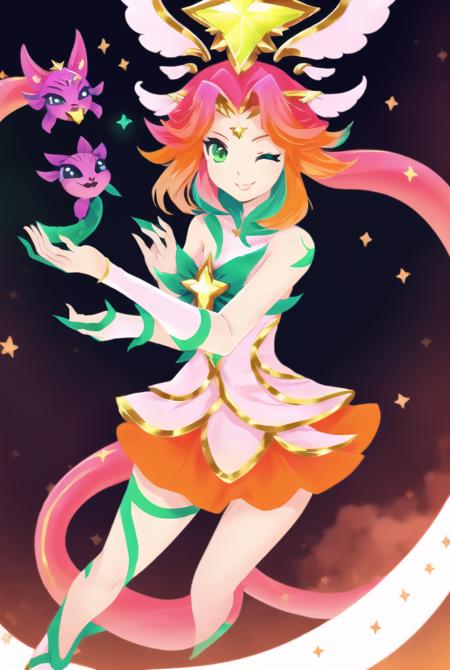 ((star guardian neeko)), neeko \(league of legends\), star guardian \(league of legends\), league of legends, full body, 1girl, solo, ((orange hair)), green hair, multicolored hair, pink hair, pink tail, green hands, green feet